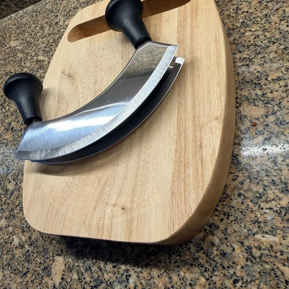 ARCOSTEEL Mezzaluna Chopper Knife & Wood Cutting Board Set Stainless Steel Brown